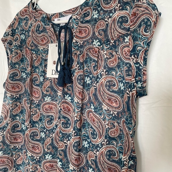 DR2 paisley navy boho sheer v-neck tie button v-neck blouse​​​​​​​​​​ - Picture 2 of 6